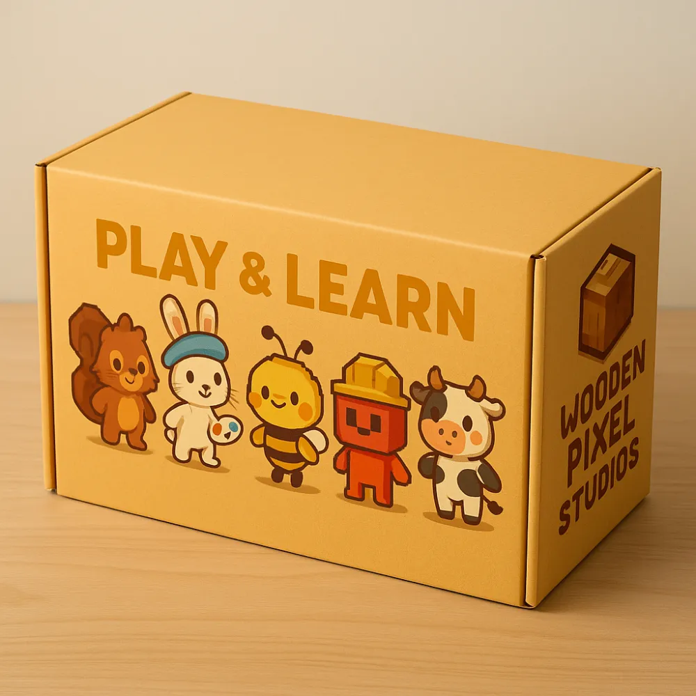 A Play & Learn subscription box in Wooden-Pixel orange, printed with pixel-block animal characters.